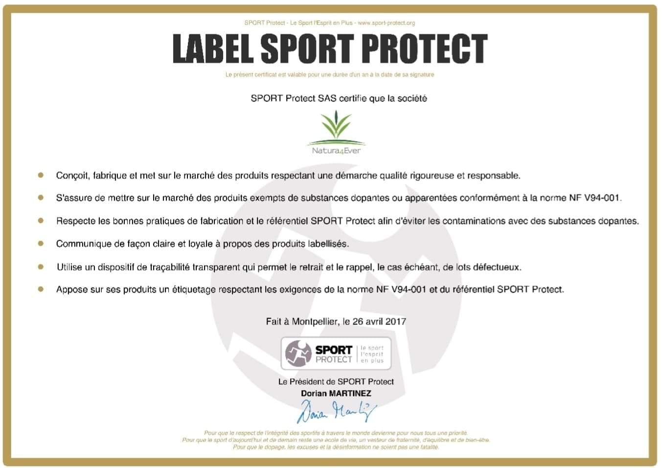 Label Sport Protect certificat